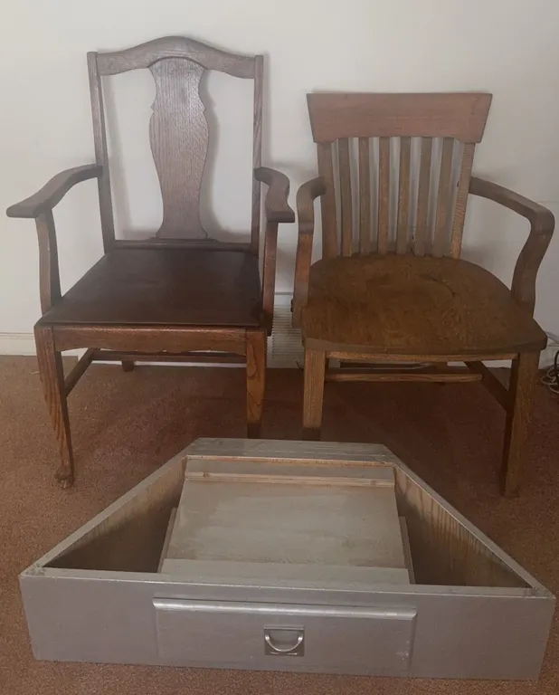 Wooden Armchairs and Triangular Wooden Drawer