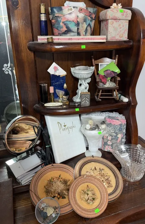 Decorative Mixed Lot: Framed Dried Flowers, Perfume Bottles, Trinket Boxes, Vanity Items