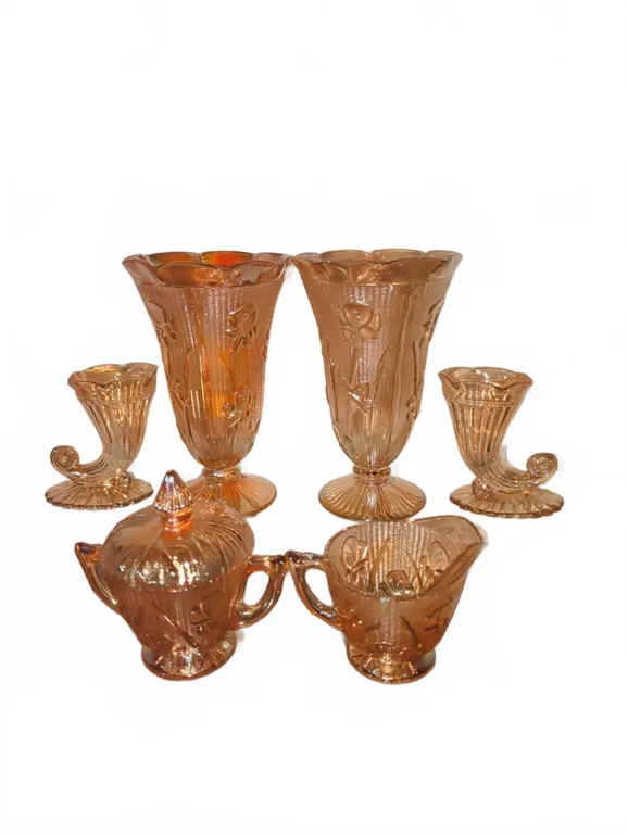Seven-Piece Pink Depression Glass Set with Floral and Ribbed Patterns