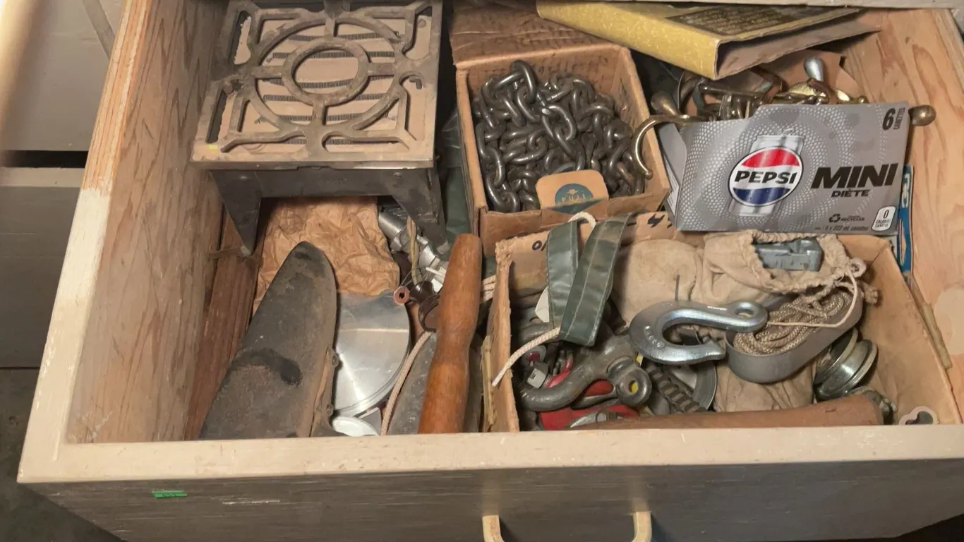 Heavy Wood Shop Drawer with Assorted Tools and Hardware