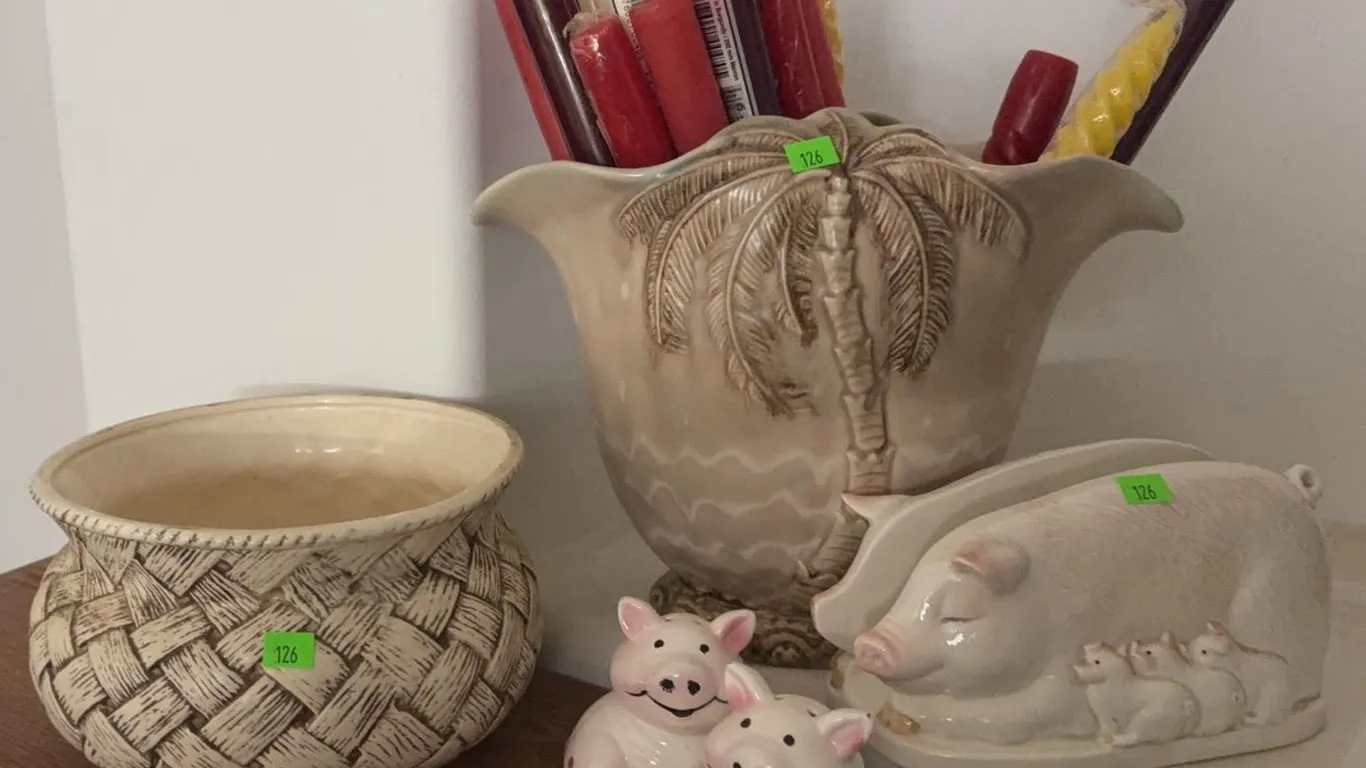 Ceramic Tableware Including Pig Motif and Palm Tree Vase