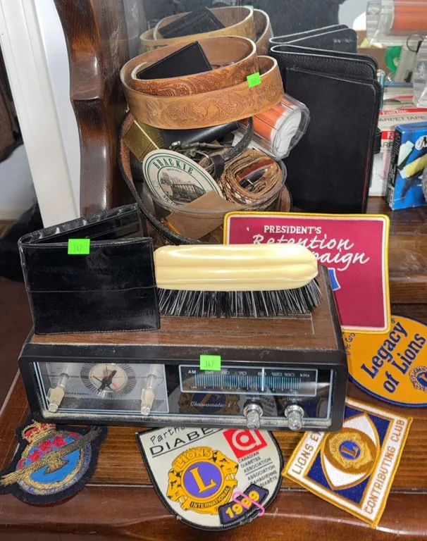 Embroidered Lions Club Patches, Vintage Clock Radio, Belts, Wallets, Brushes