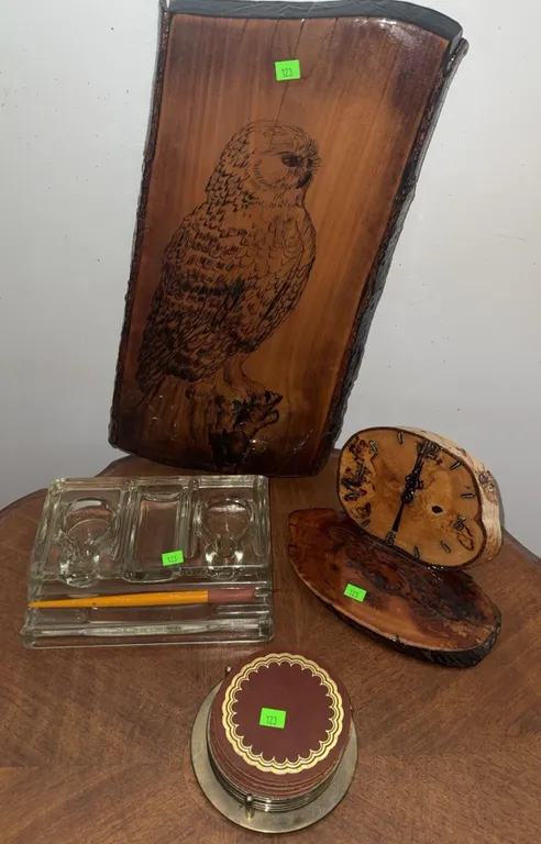 Four Items: Pyrography Wood Owl Plaque, Wooden Mantel Clock, and more