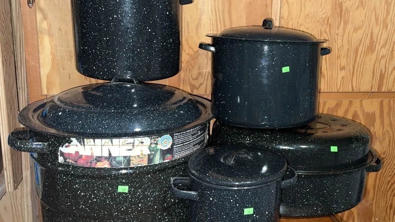 Black Speckled Metal Crop and Stoneware Crocs with Lids, Various Sizes