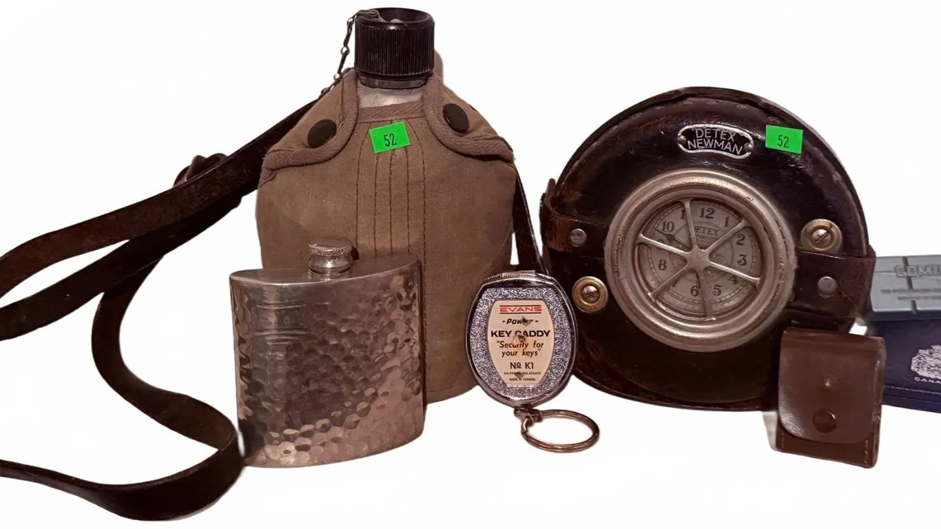 Lot: Military Canteen, Hammered Flask, Detex Newman Clock, Key Fob, and Cases