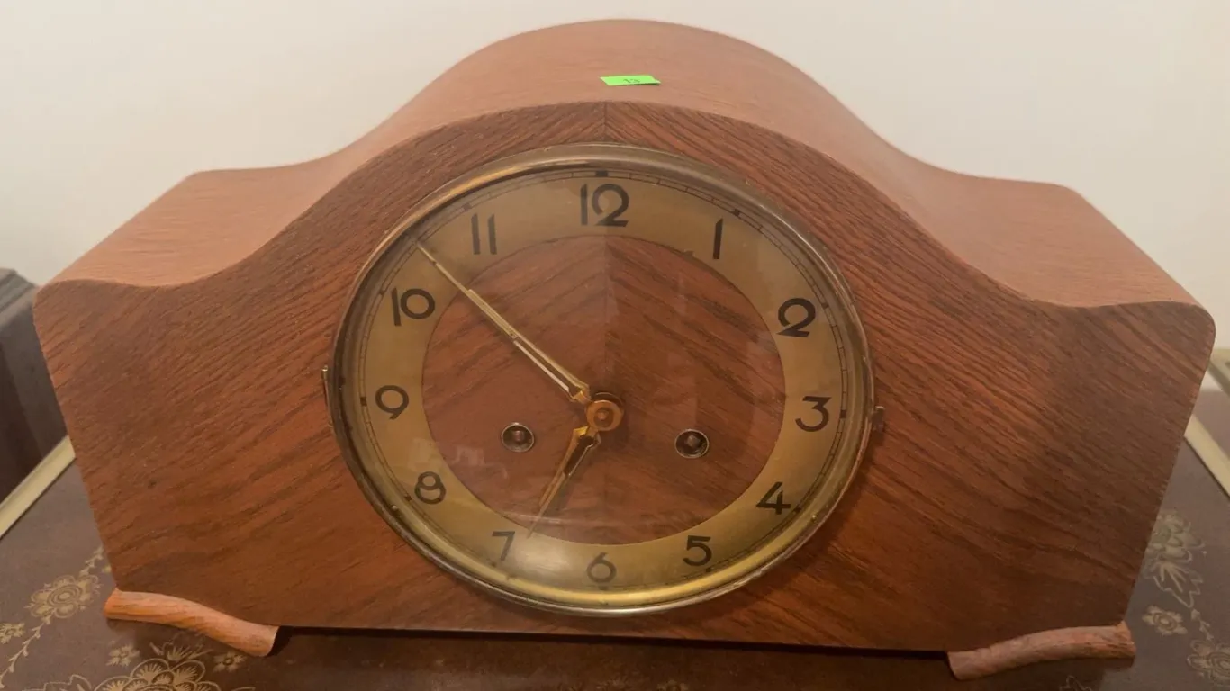 Wood Mantel Clock With Brass Dial and Mechanical Chime Movement