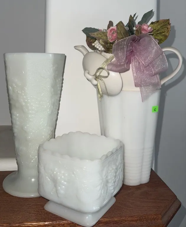 3 White Milk Glass Vessels and 1 Ceramic Teapot Planter