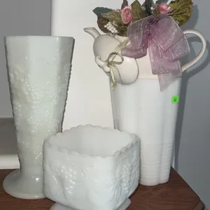 3 White Milk Glass Vessels and 1 Ceramic Teapot Planter