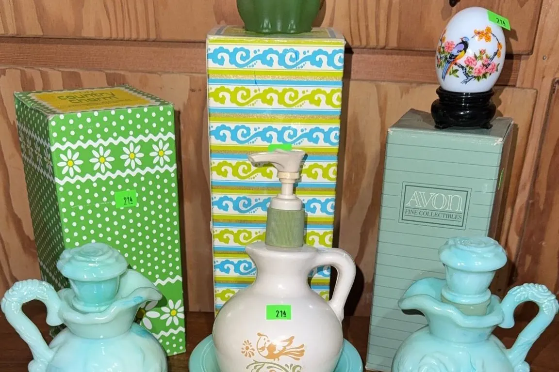 Avon Collectibles: Bottles, Lotion Dispenser, Bell, Figurine, and Boxes