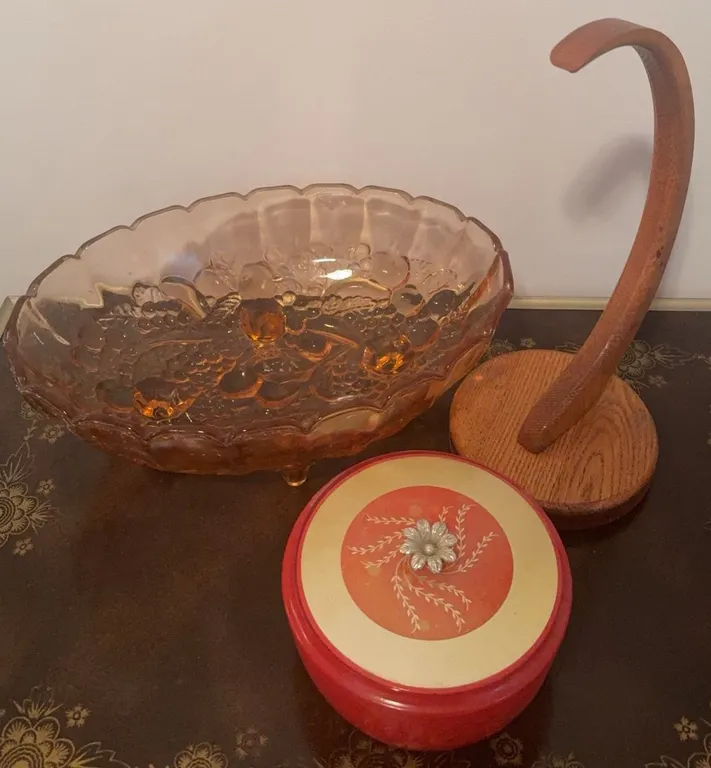 3: Amber Glass Bowl, Wood Ornament Stand, Red Lidded Tin
