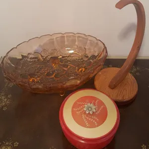3: Amber Glass Bowl, Wood Ornament Stand, Red Lidded Tin