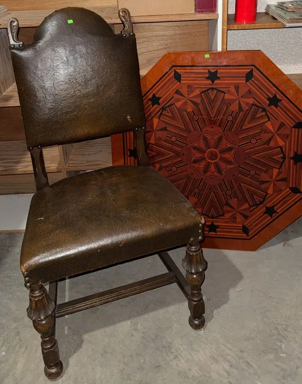 Octagonal Inlaid Tabletop Missing Legs and Leather Upholstered Wood Chair
