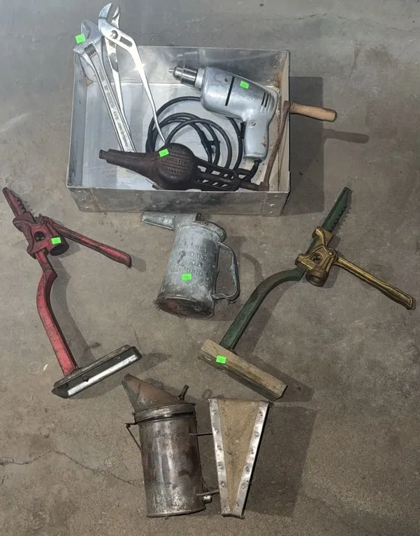 Hand Tools and Barn Jacks Including Drill Oil Cans and Beekeeping Smoker