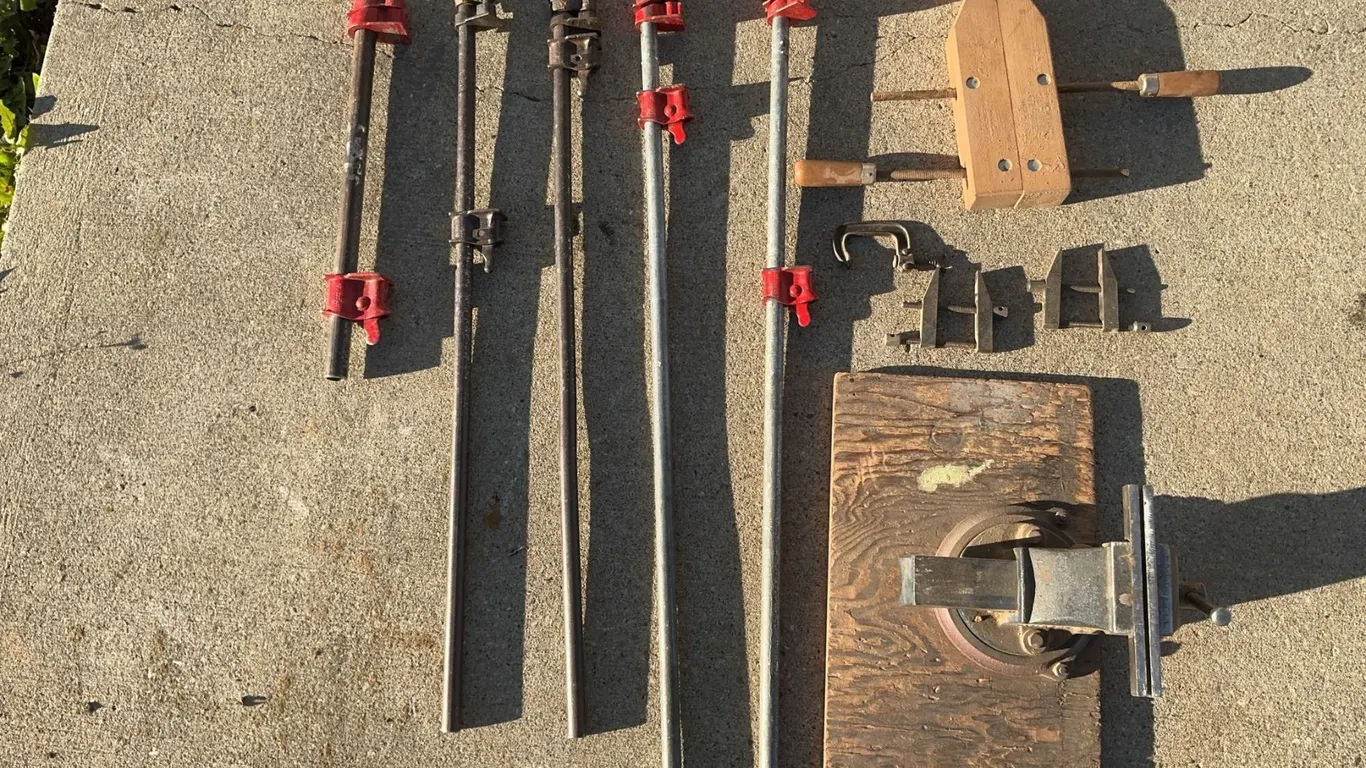 5 Bar Clamps, Wood Clamp, Bench Vise, and Assorted Metal Clamps