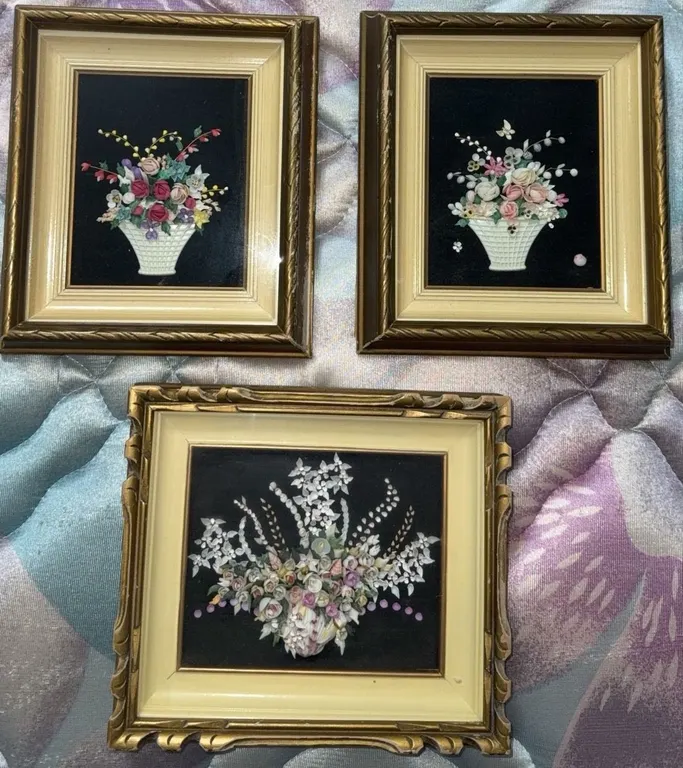 Three Framed Ribbon Embroidery Floral Basket Pictures