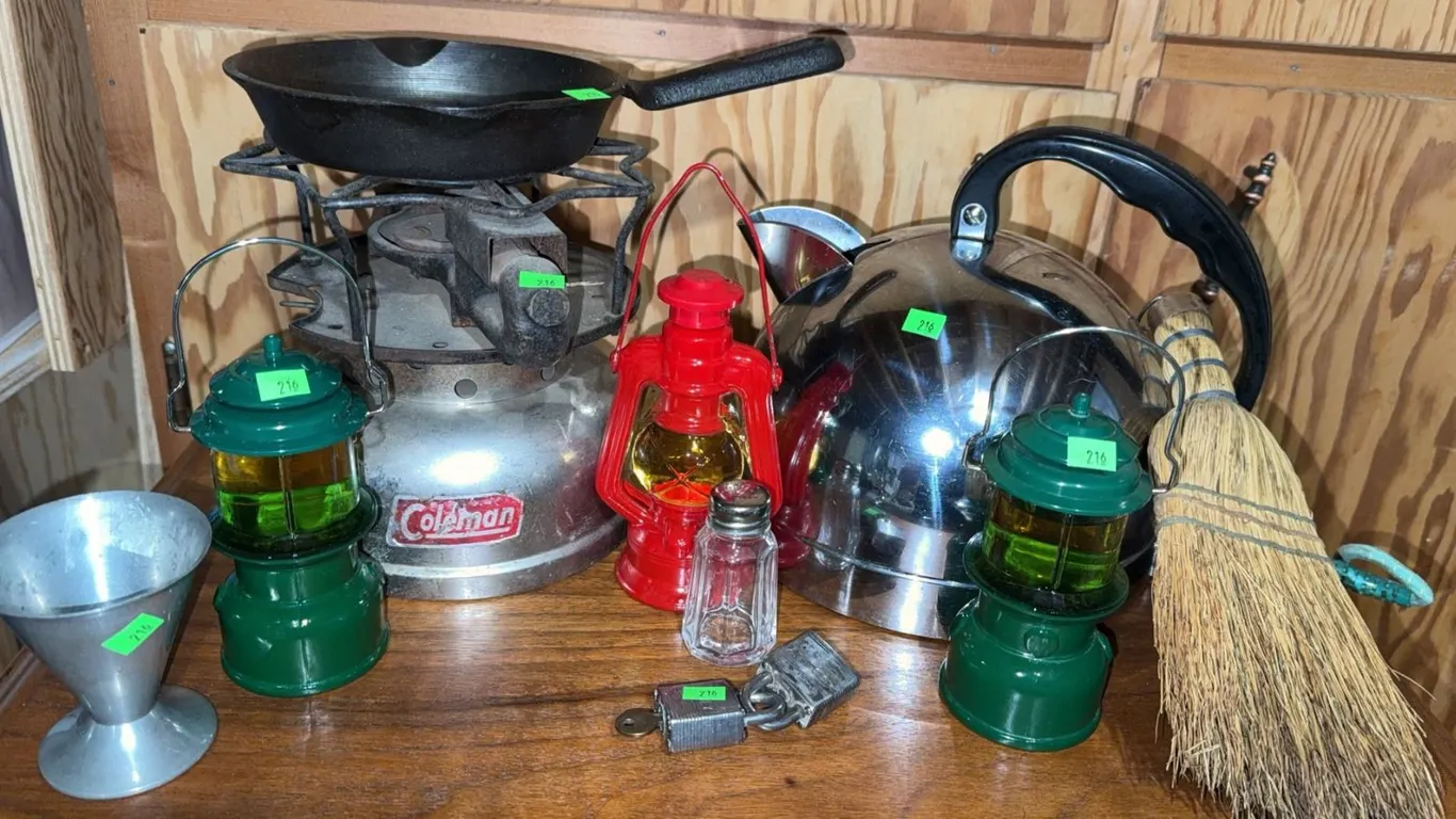 Camping and Kitchen Lot: Coleman Stove, Metal Kettle, Lanterns, Skillet, Broom