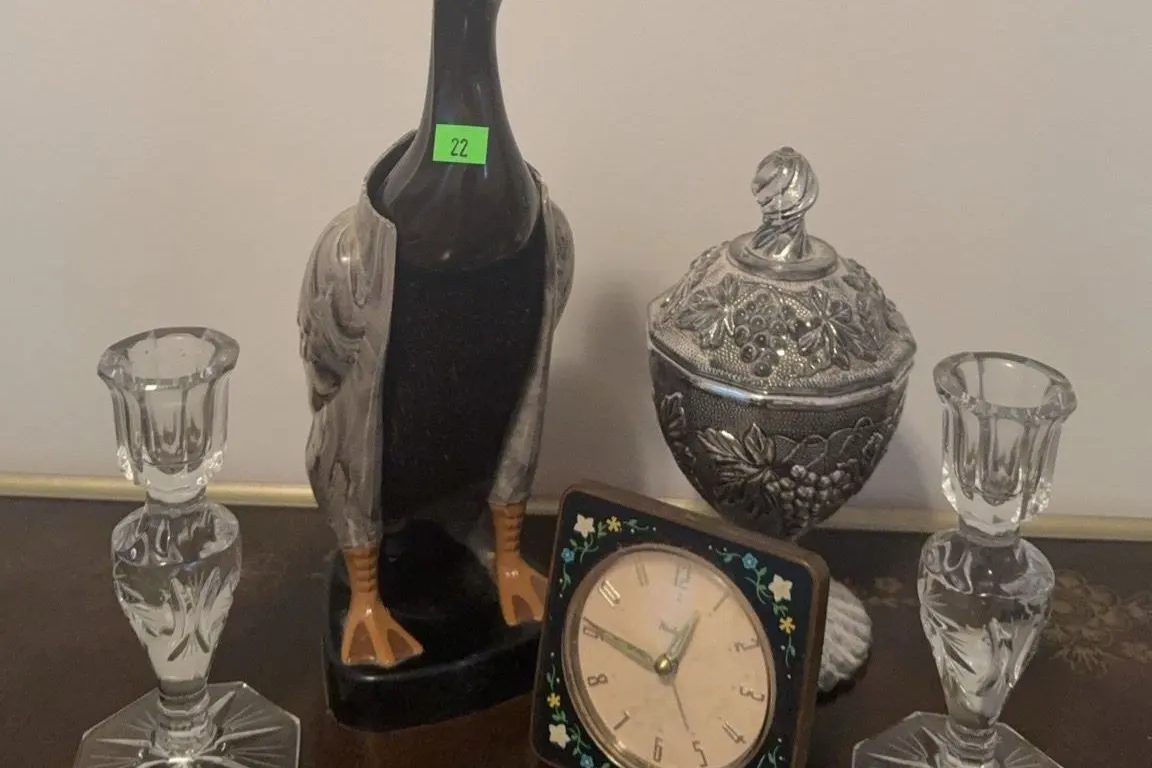 Decorative Lot With Glass Candlesticks, Westclox Clock, Metal Jar, Goose Brush