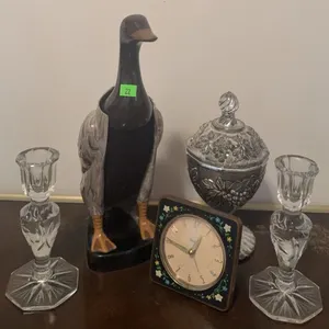 Decorative Lot With Glass Candlesticks, Westclox Clock, Metal Jar, Goose Brush
