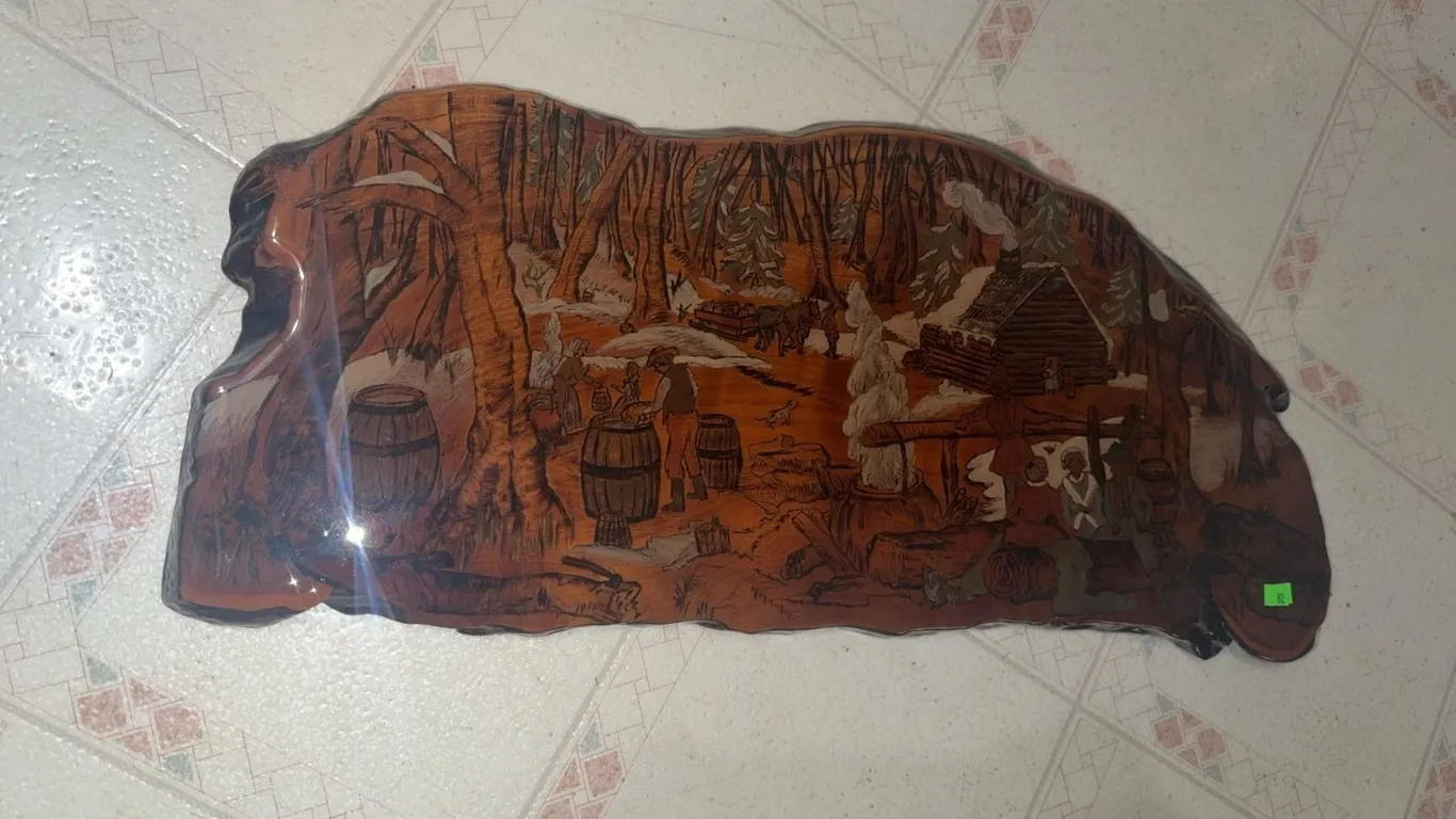 Wood Slab Wall Plaque with Rustic Cabin and Forest Scene Engraving