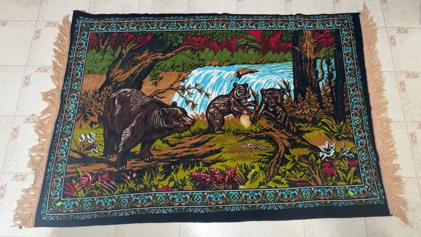 Woven Wall Tapestry Depicting Bears in Forest Scene