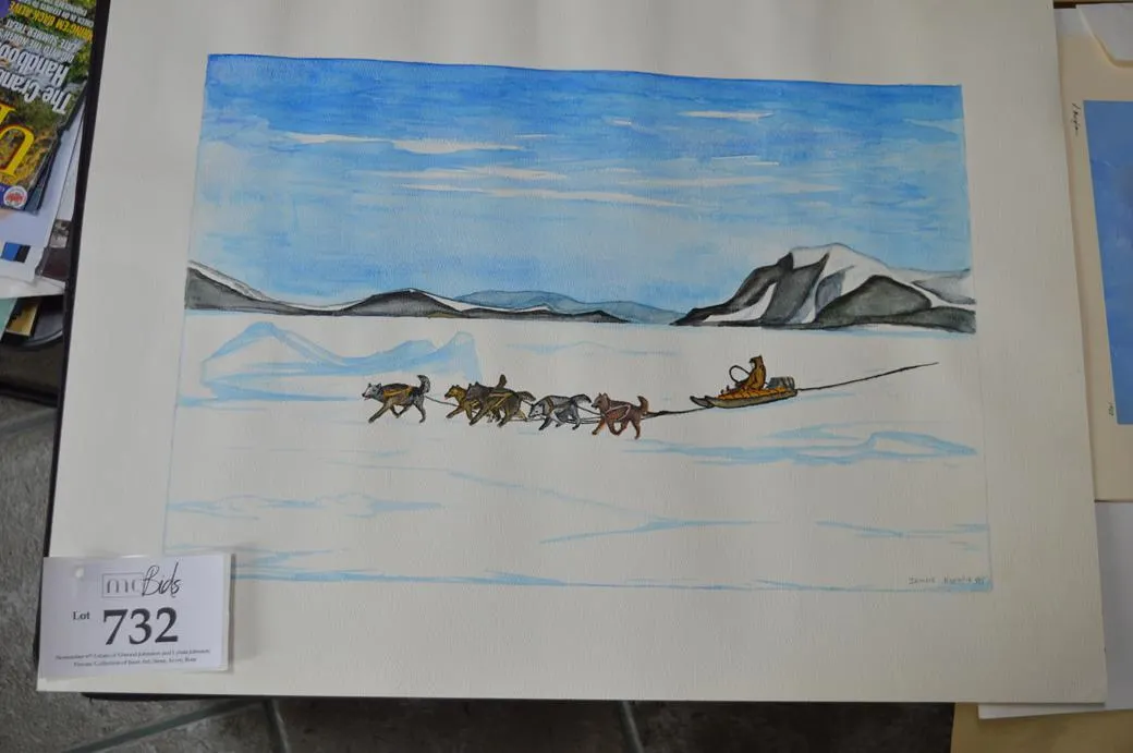 Dog Team (Qinmiqtuqtuq) Pulling A Sled (Aalliaqtuqtuq) On Ice With Mountains In The Background.