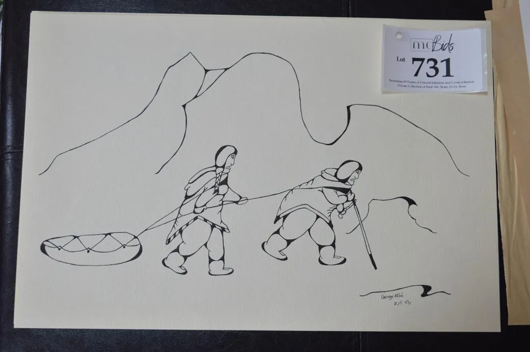 Picture Of Inuit Couple Travelling In Traditional Clothing Pulling Boat (Qajainnaq) With Supplies.