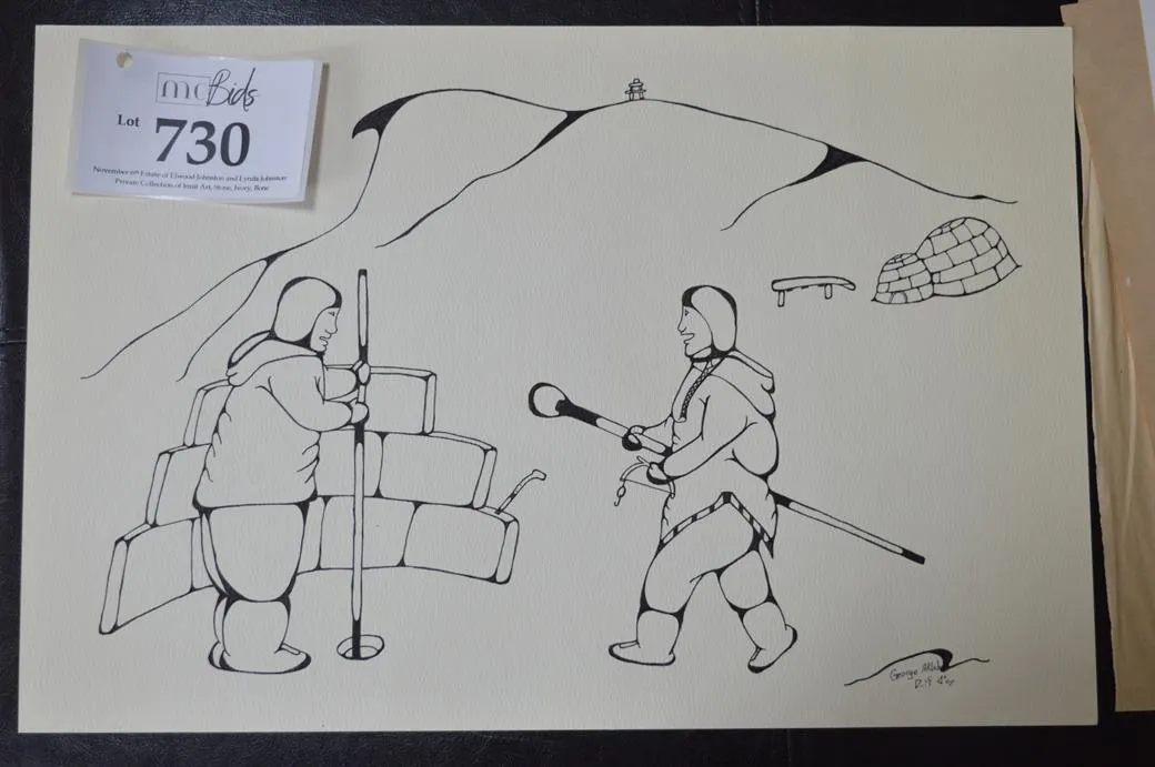 This Picture Created In Pencil Of An Inuit Setting Up Camp, Building An Igloo.