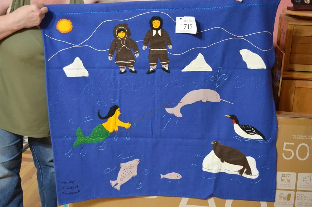 A Mythical Scene Of Sedna, In The Ocean With Seal, Fish, Narwhale, Loon, And 2 People Watching.