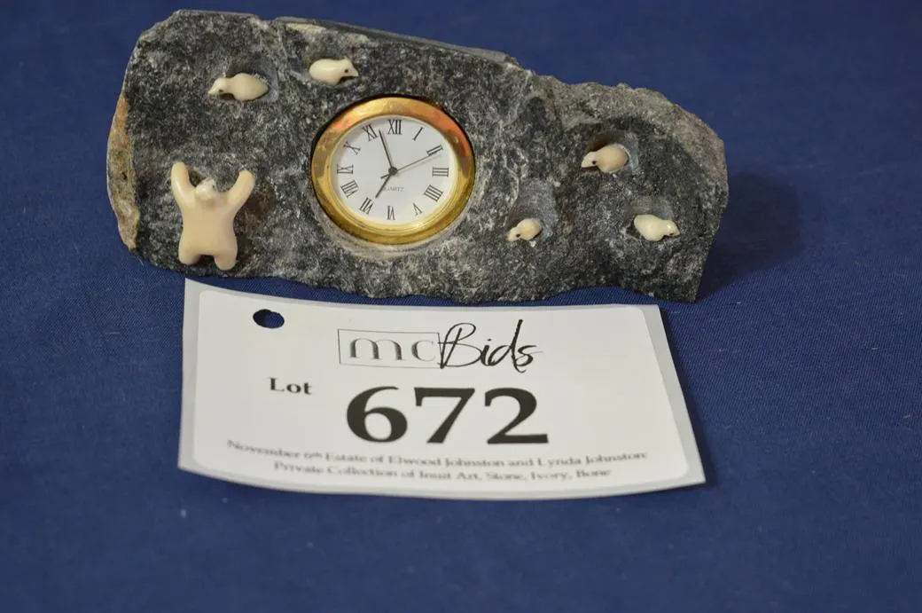 Mountain Cliff With Birds Sitting And A Clock Set Into It. A Polar Bear Standing.