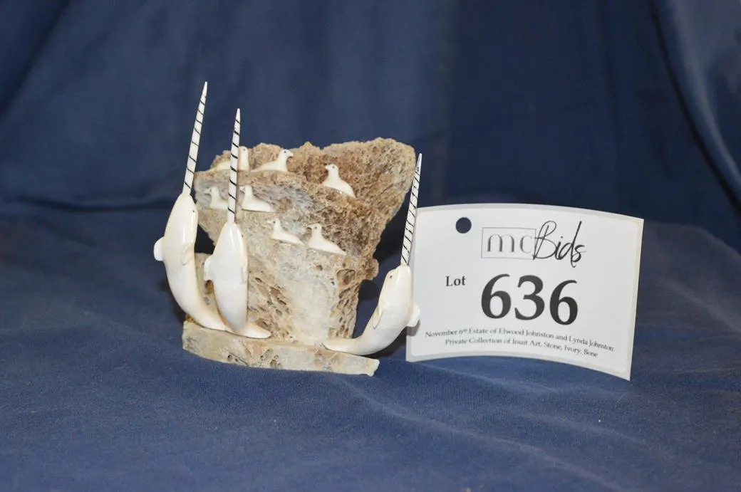 Ivory Birds On Whale Bone Mountain, Narwhales Jumping Out Of Ocean At Base Of Mountain