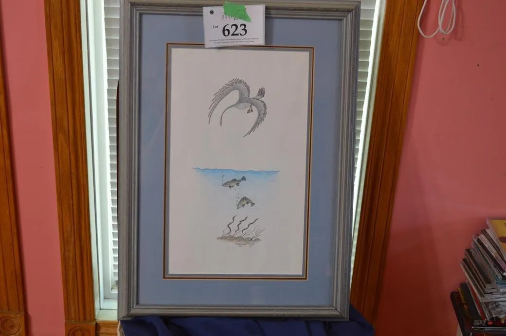 Swooping Water Fowl Over Two Fish In The Ocean.
