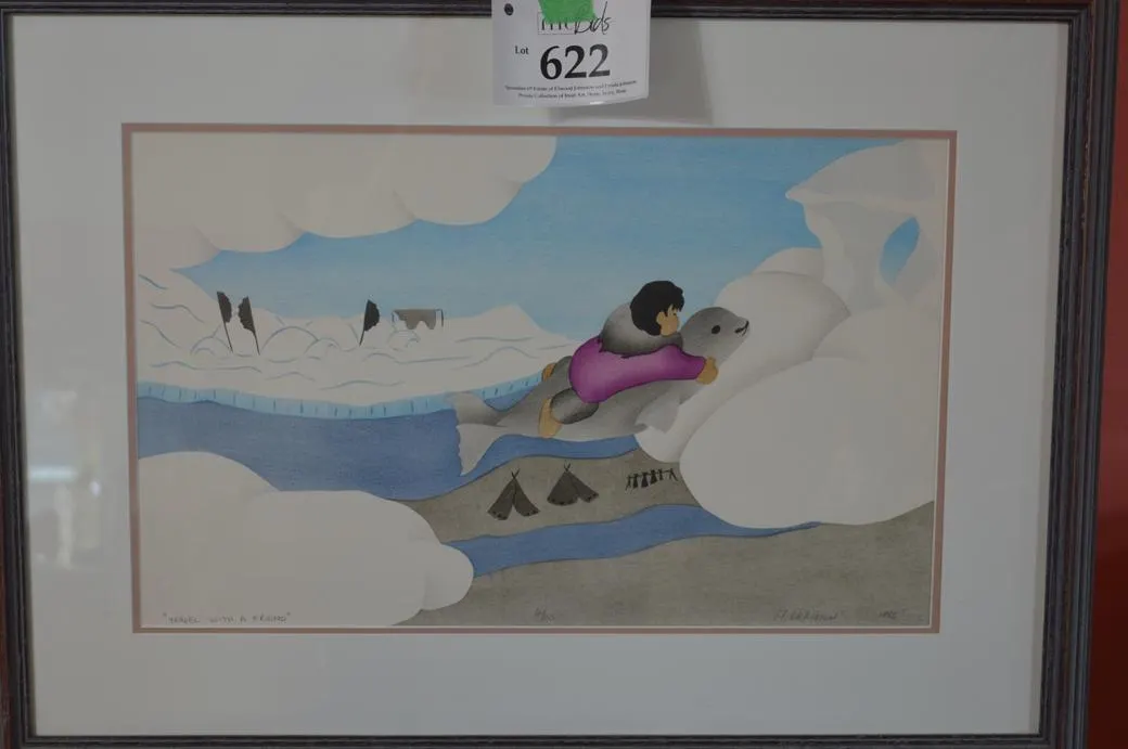 Title: "Travel With A Friend" An Inuit Child Is Flyng On A Seal Over A Camp.