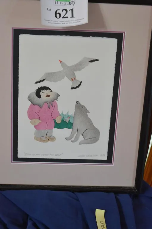 Title: "Stay Away From My Nest" A Bird, Sea Gull, Is Flyng At An Inuit Child And Their Dog.