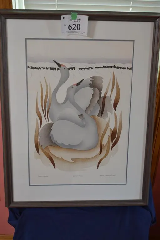 Title: "Early Spring" A Pair Of Nesting Swans With A Herd Of Muskox In The Background