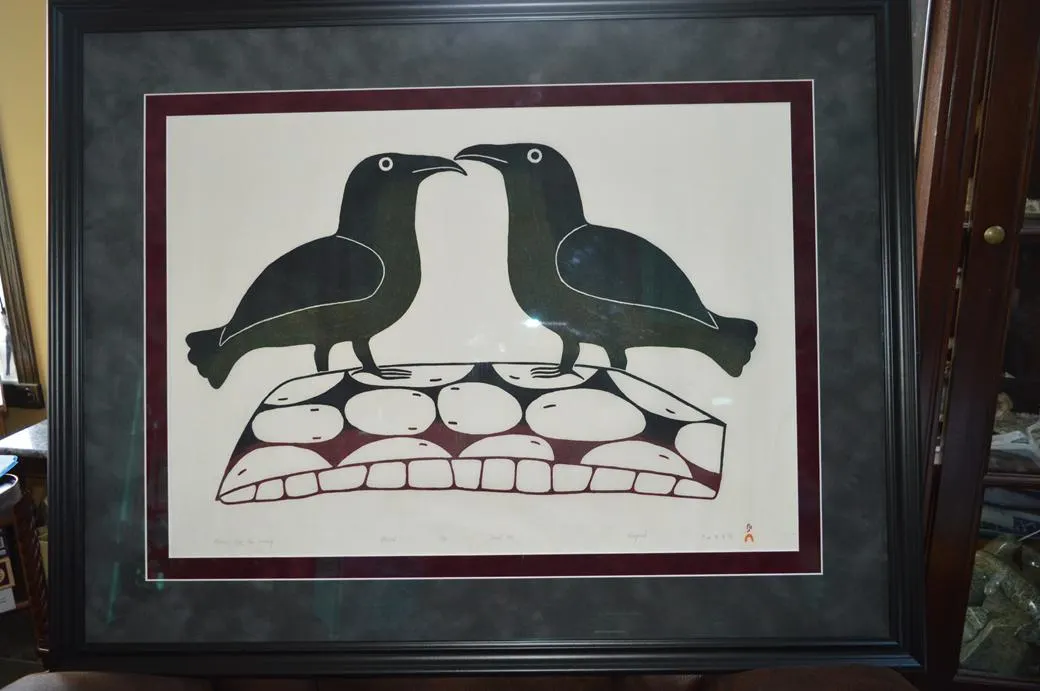 Framed Stonecut Print, #39 Of 50, Two Ravens On The Umiaq (Boat)