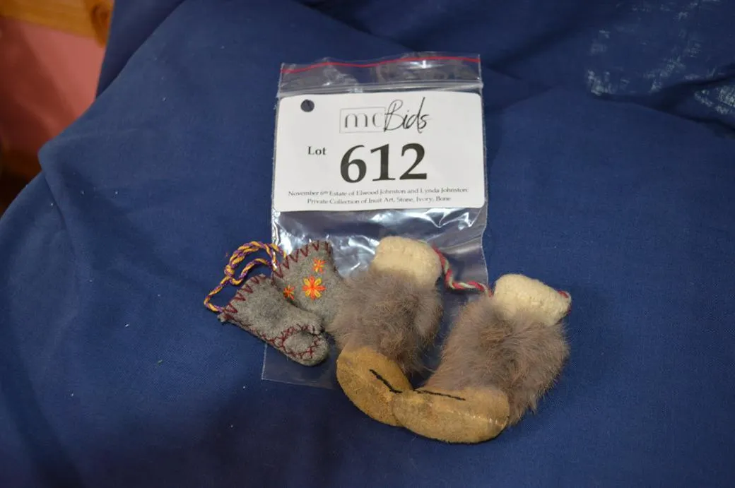 Embroidered Duffle Mitts; Kamiks Of Caribou Skin, Rabbit Fur And Duffle Cloth.