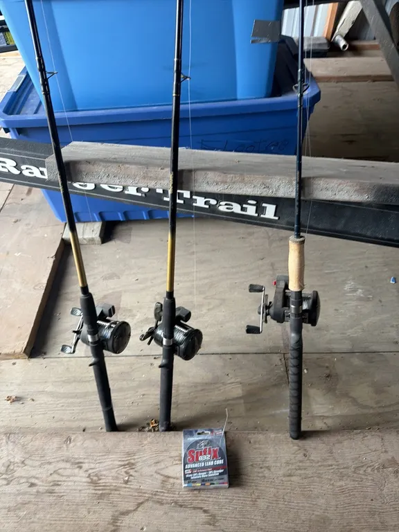 (3) Lead Core rods, reels with counters, excellent equipment, includes new lead core fishing line, winning bidder takes all 3 plus line