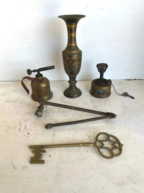 (5) Assorted Brass Vase, Key, Torch, Lamp Bar