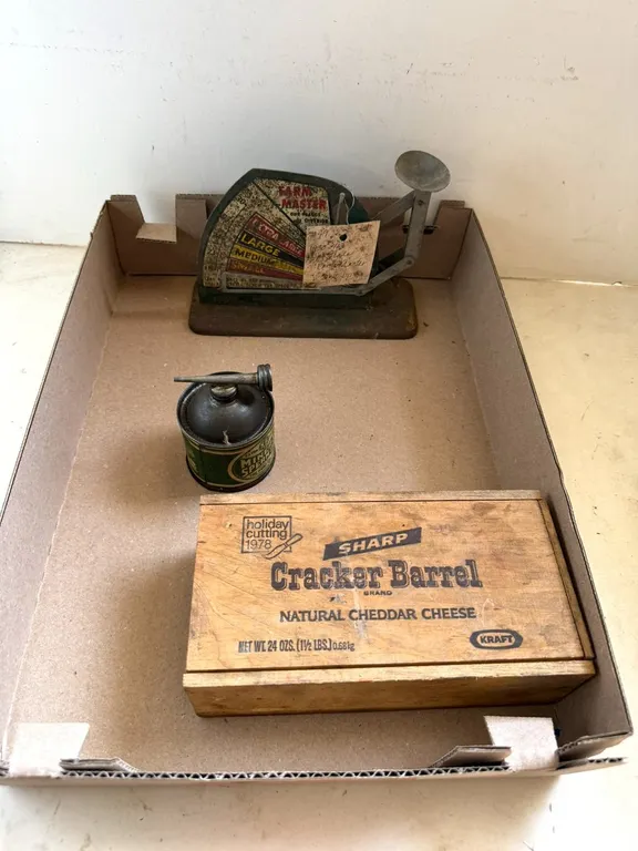 Vintage 1930's Egg Scale, Mineral Oil Can, Cracker Barrel Wood Box
