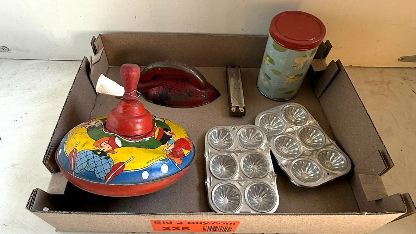 Vintage Spinning Top, Iron and Canister