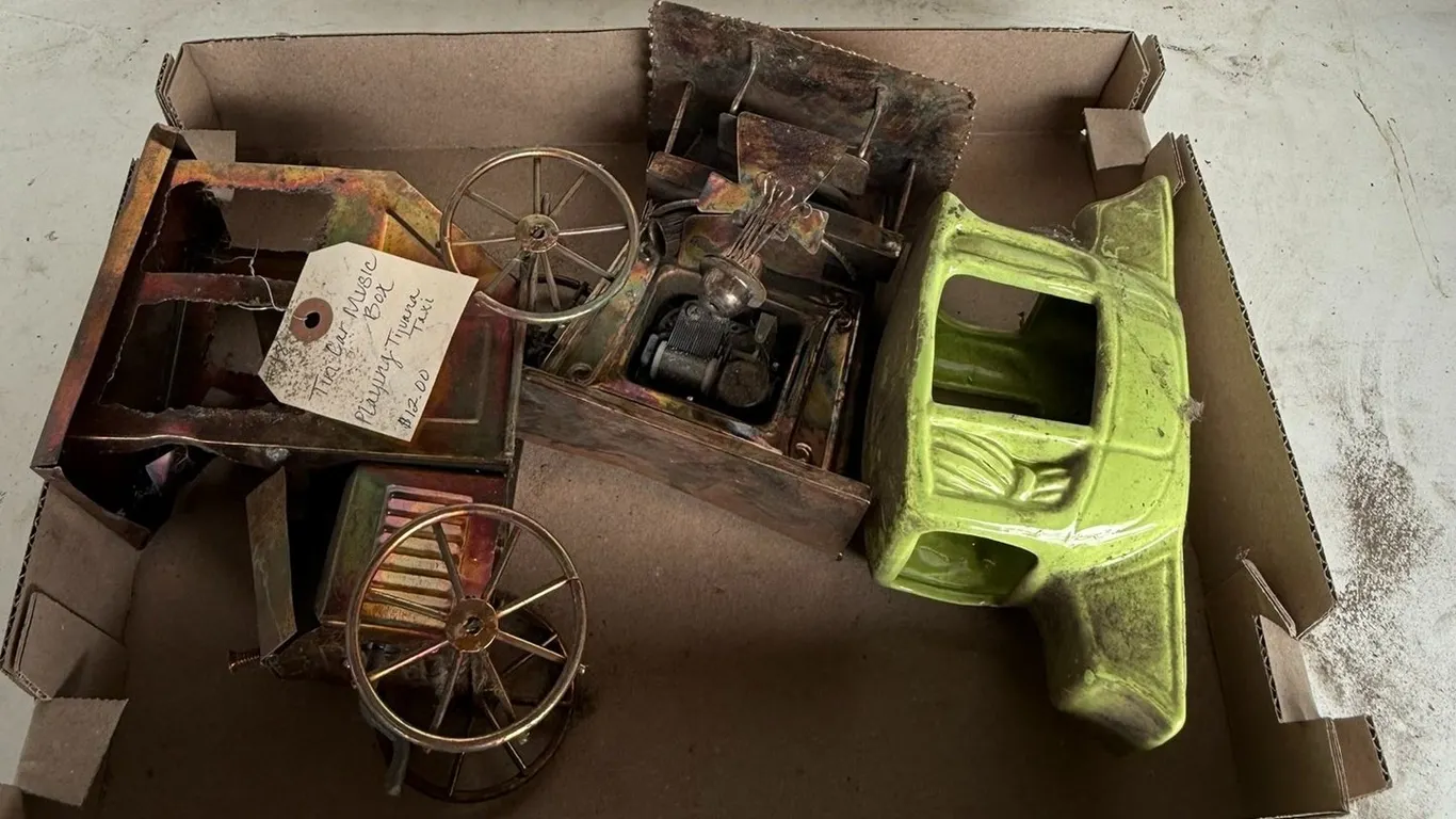 Musical Tin Car, Copper Music Box, and Carriage Shell