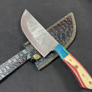 Handmade Damascus Steel Cleaver with Leather Sheath