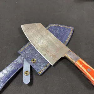 Handmade Damascus Steel Cleaver with Leather Sheath
