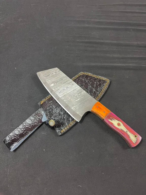 Handmade Damascus Steel Cleaver with Leather Sheath