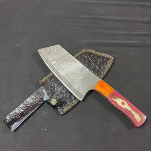 Handmade Damascus Steel Cleaver with Leather Sheath