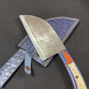 Handmade Damascus Steel Cleaver with Leather Sheath