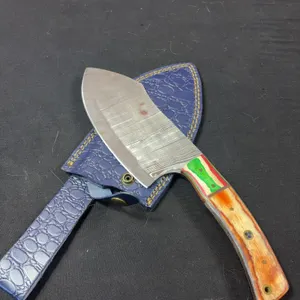 Handmade Damascus Steel Cleaver with Leather Sheath