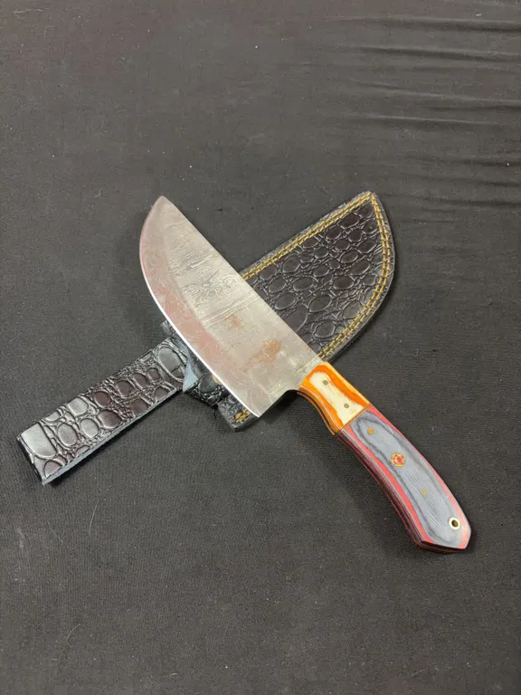 Handmade Damascus Steel Cleaver with Leather Sheath