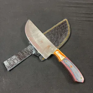 Handmade Damascus Steel Cleaver with Leather Sheath