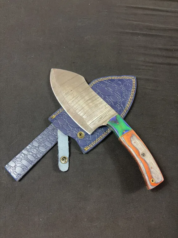 Handmade Damascus Steel Cleaver with Leather Sheath